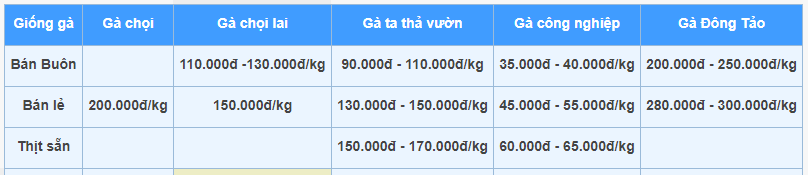 bảng giá gà thịt ta hôm nay thả vườn